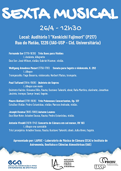 Cartaz Sexta Musical 26 de abril de 2024 - 12h30 - Auditório Kenkichi Fujimori 
