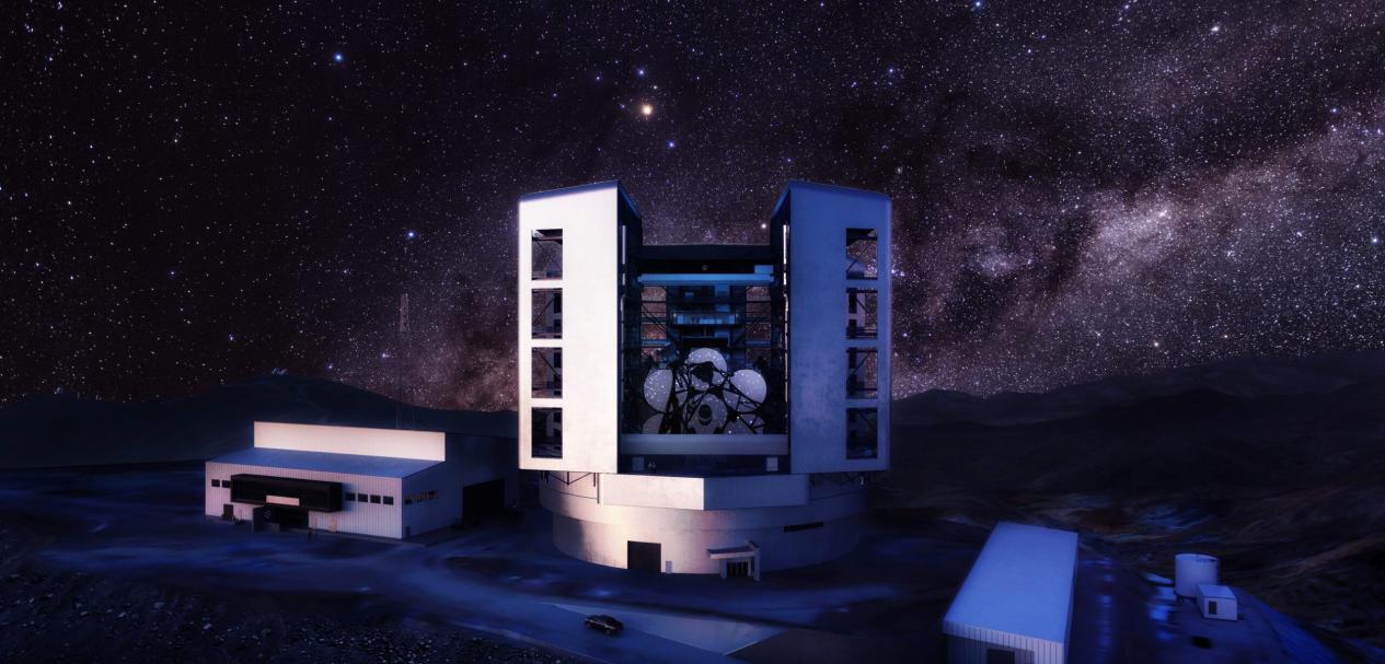 Renderização digital do exterior do futuro GMT à frente de céu noturno (crédito: GMTO Corporation)